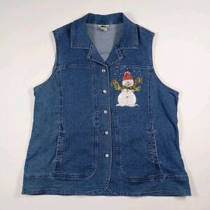 Distinct Blue Denim Vest Bedazzled Gem Snowman Holiday Winter Crystal Button 2x